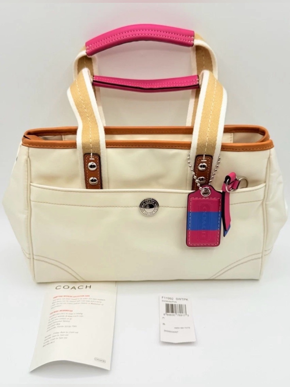 Coach Hampton Weekend Small Tote F11992 White Pink Nylon Satchel Handbag